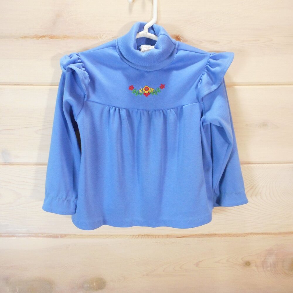 Vintage Sears Perma-Prest Turtleneck Toddler Size 4T Blue Floral Embellishment